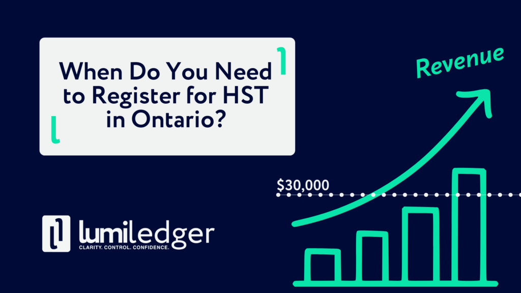 Graphic illustrating the $30,000 HST registration threshold for Ontario small businesses with a rising revenue chart.